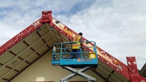 Painting of maihi breathes life into Te Ara o Tāwhaki as the marae prepares to celebrate 21 years. The carved barge board represents Tāwhaki striving for knowledge and symbolises the aspirations of students across the EIT campus.
