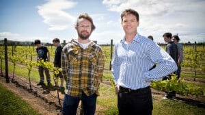 Paul Dechering left and Anthony Ham with students visiting the Alpha Domus vineyard.
