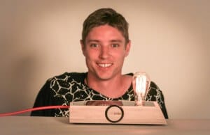 Hayden Maunsell with one of three in his series of lamps designed for his EIT ideaschool portfolio. 