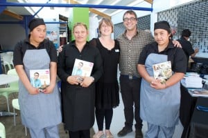 Brett McGregor with hospitality and catering tutor, Karen Johnson and EIT hospitality students Roseangelique Rangiwai, Tracey Edmonds, and Michaela Fox.