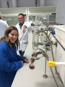 Joanna McLeod with lecturer Ken Sanderson in EIT’s wine science laboratory.