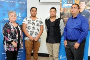 Jan Mogford (Tairāwhiti Campus Director), Jarrod Rogers-Hughes (Recipient for Electrical Trades Scholarship), Tihei Turei (Recipient for Plumbing and Gasfitting Scholarship) and Allan Jensen (Chief Finance Officer – TRONPnui).