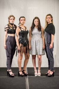 Rachel Hawkins (third from left) explored future futuristic fashion in her three-piece Legion collection.