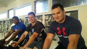 From left, Jorian Tangaere, Jason Long and Jarvy Aoake clock up the kilometres in the Magpies gym.