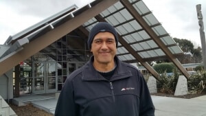 Rudolph Tuhura is framed by the entrance to Te Ūranga Waka