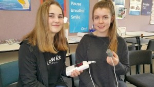 Year 12 students from Taupo-nui-a-Tia College, Megan Smith (left) and Hannah Wilks use a pulseoximeter to measure oxygen saturation and heart rate in a workshop hosted by EIT’s School of Nursing.